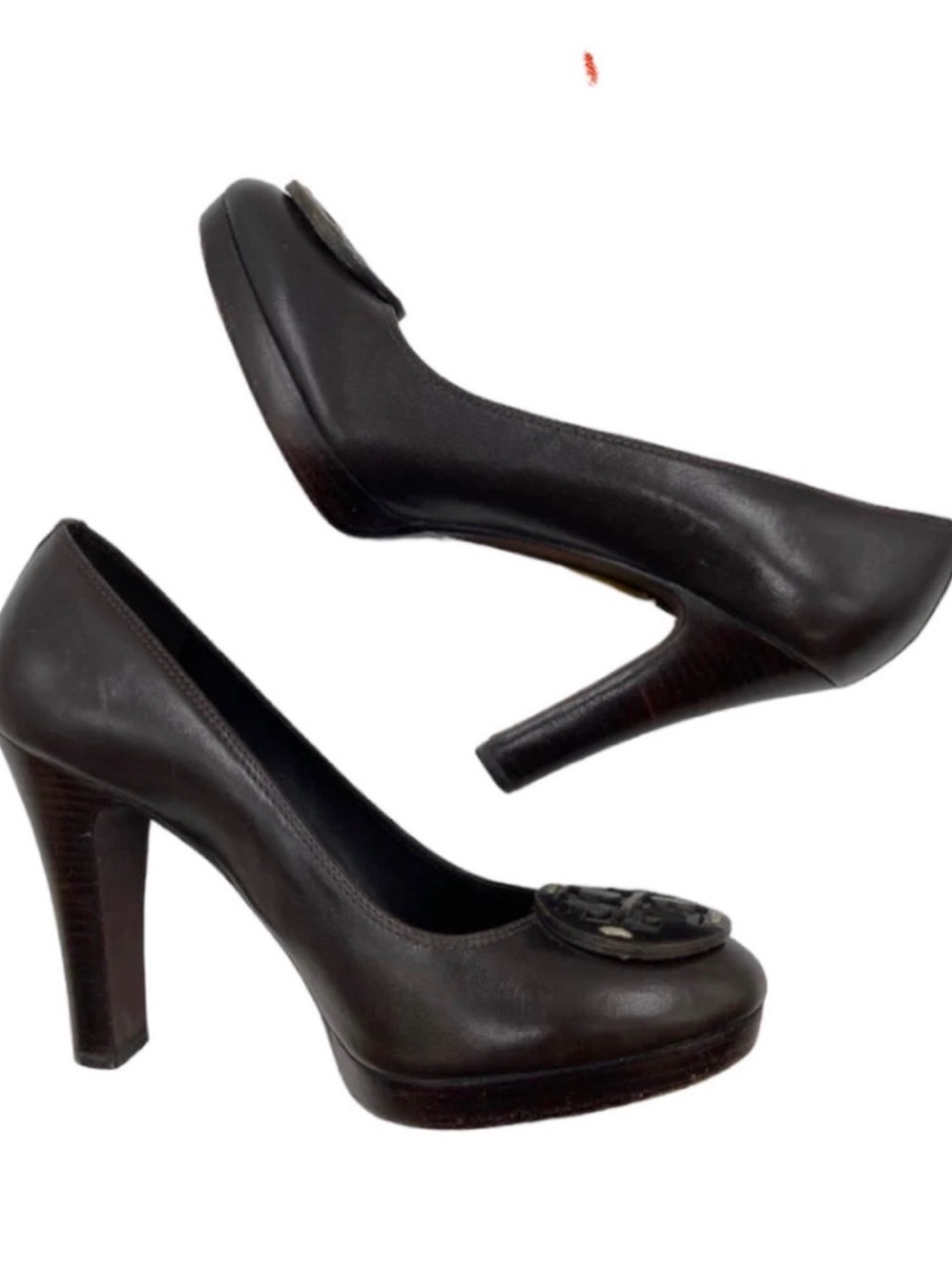 Tory Burch Dark Brown Leather Betty Platform Pump with Logo Medallion - Size 9
